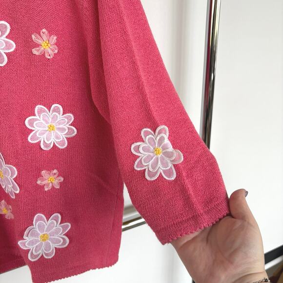 Vintage Bubblegum Baby Pink Daisy Floral Grandma Cardigan Sweater Cottage Large - Picture 3 of 8